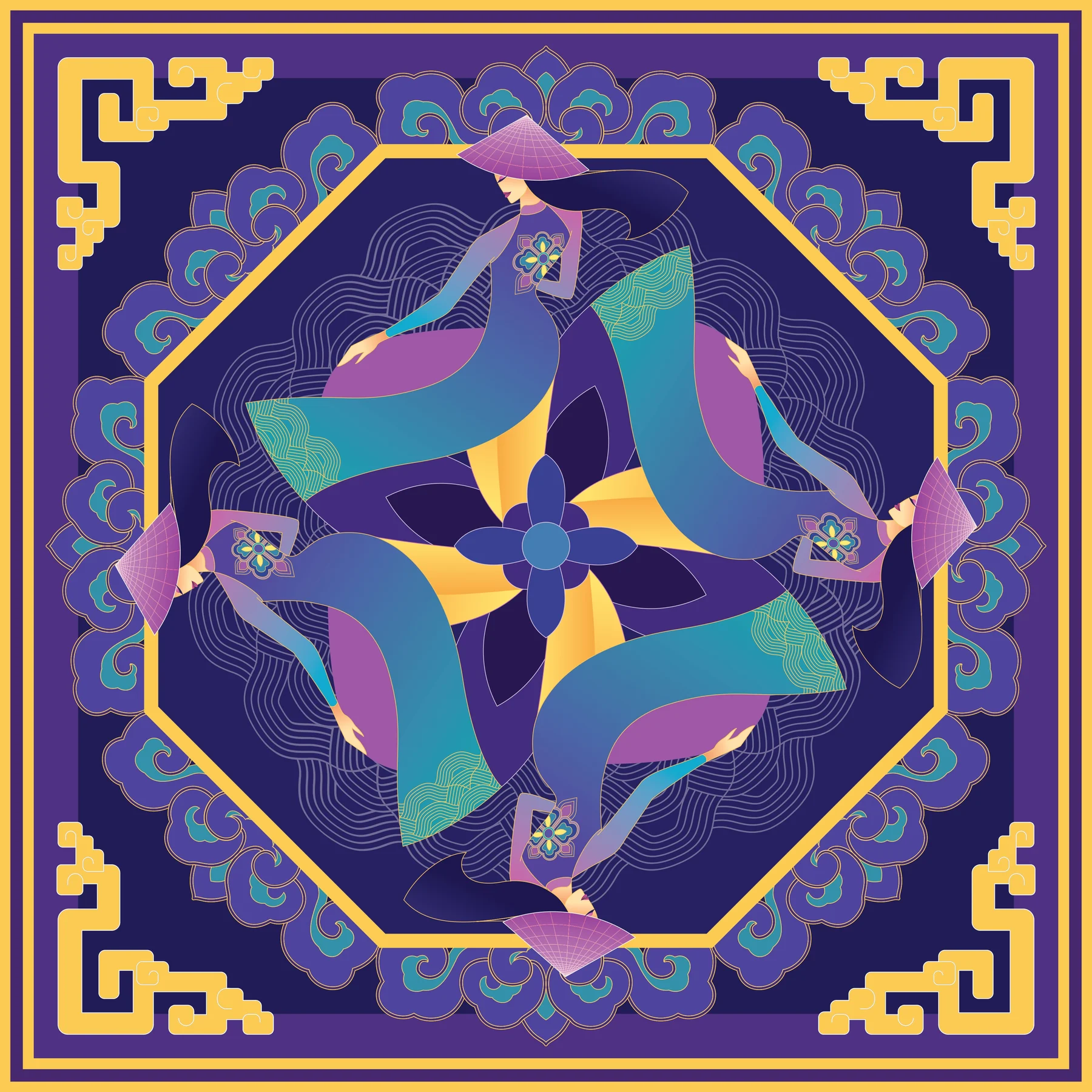 Geometric bandana in violet, teal and gold