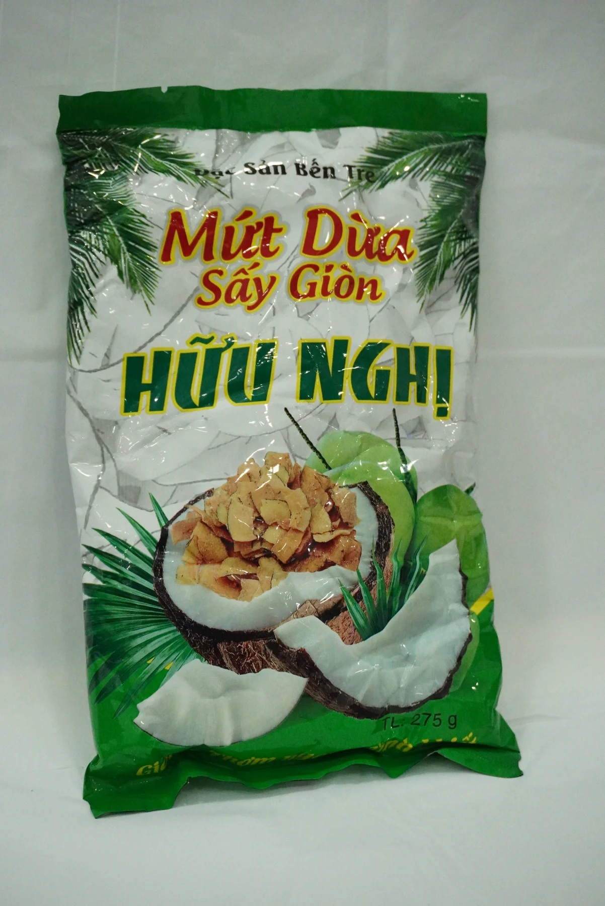 A product-photography study of a Bến Tre coconut specialty.